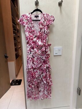 Hale Bob Pink Floral Wrap Midi Dress
